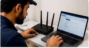Technician configuring a Wi-Fi router